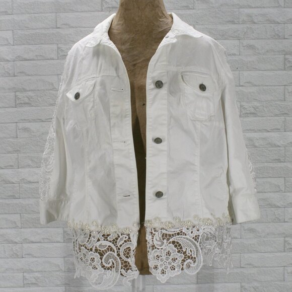 HAND CRAFTED Jacket Denim Upcycled Lace Pearl Trim Floral White Plus Size 16 - Picture 2 of 14